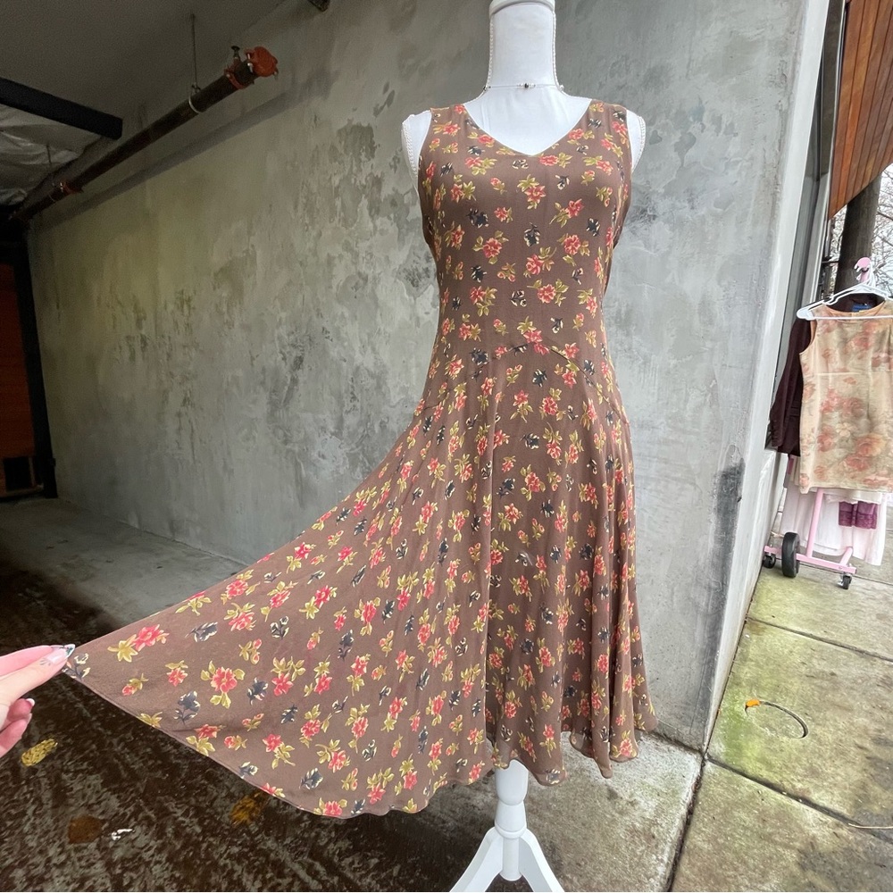 Jones New York Brown Floral Midi Dress with Pink and Yellow Accents - Picture 2 of 5